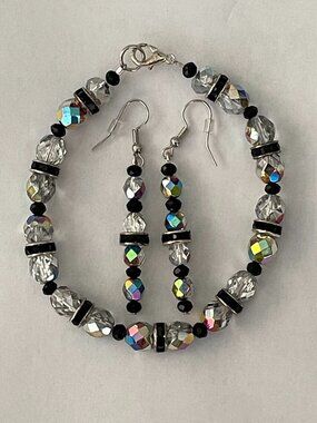 Antiqued Crystal and Black Bead Bracelet and Pierced Earring Set